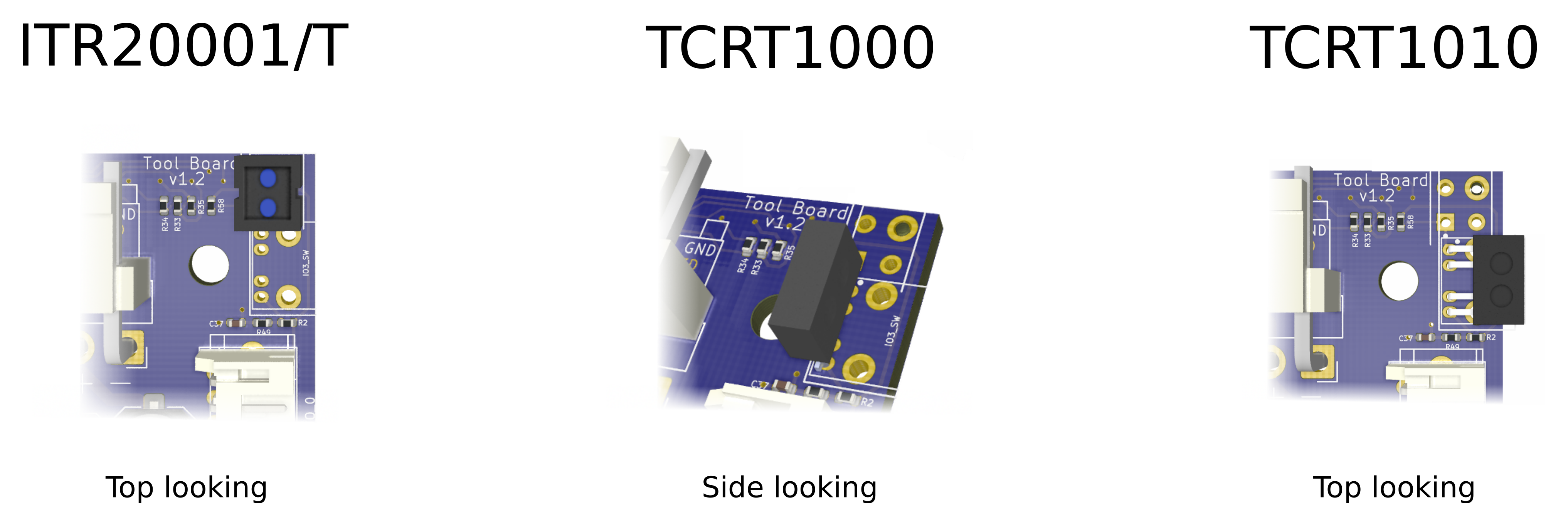 Renders of an ITR20001/T,  TCRT1000 or TCRT1010 reflective optical sensors on the toolboard v1.2