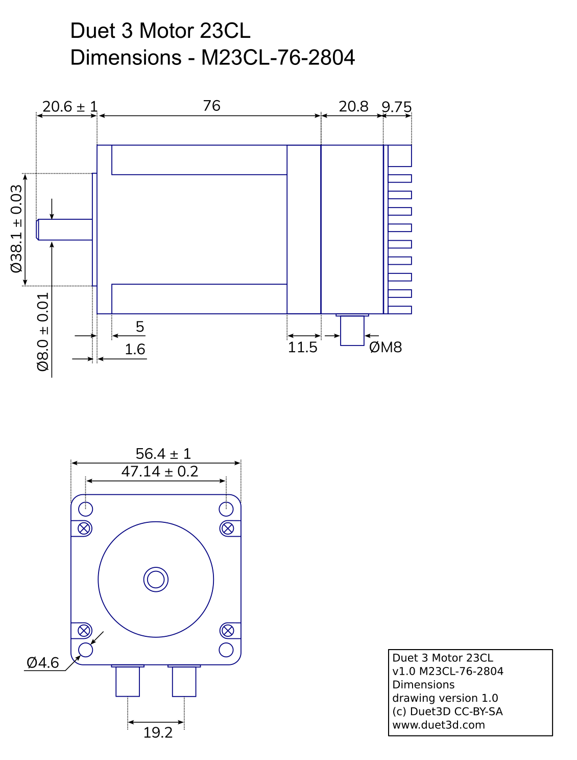 Image showing the key dimensions of the Duet 3 motor 23CL v1.0 without brake - M23CL-76-2804