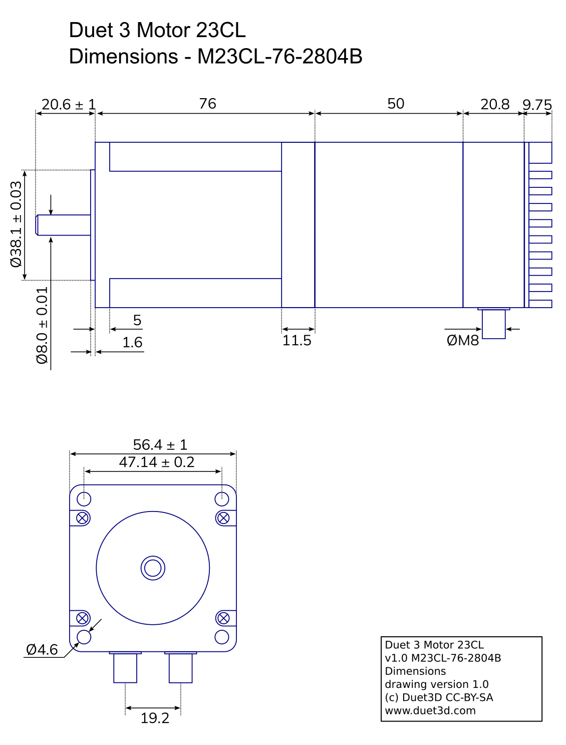 Image showing the key dimensions of the Duet 3 motor 23CL v1.0 with brake - M23CL-76-2804B
