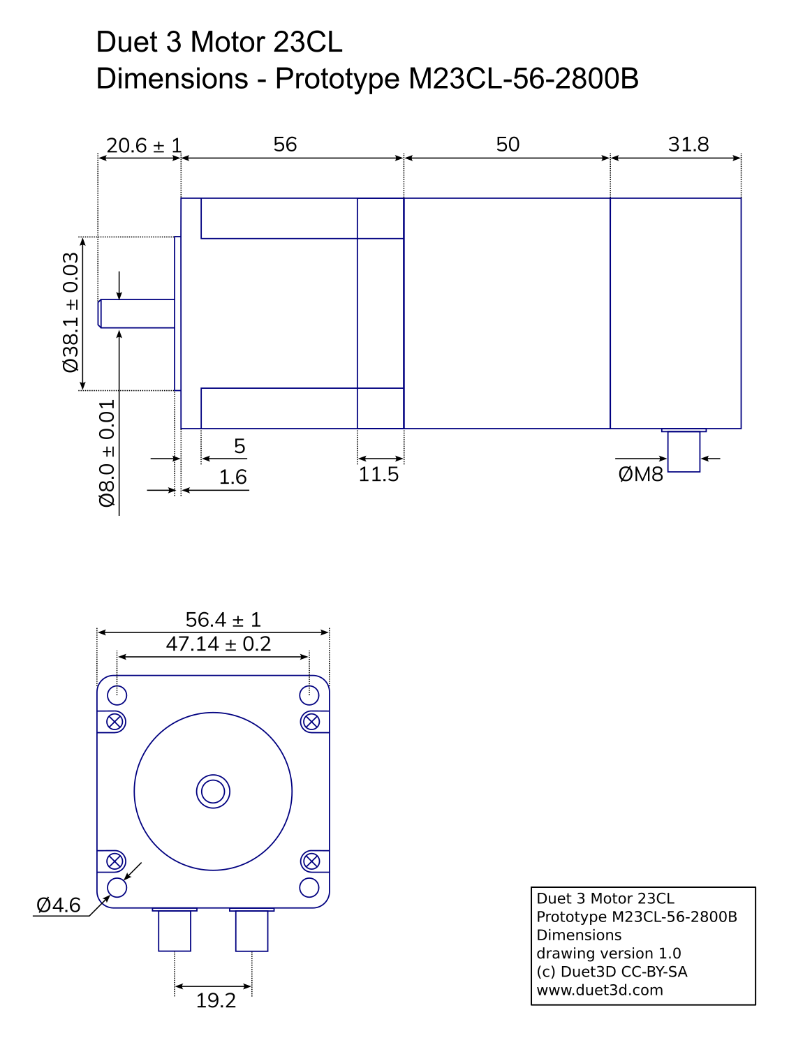 Image showing the key dimensions of the Duet 3 motor 23CL prototype