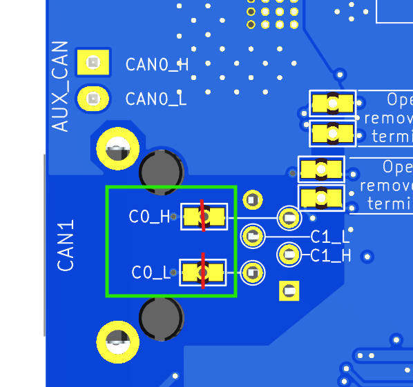 The back of the Duet 3 6HC v1.02d board showing the cuttable jumpers to disconnect the CAN0 signals from the CAN header.