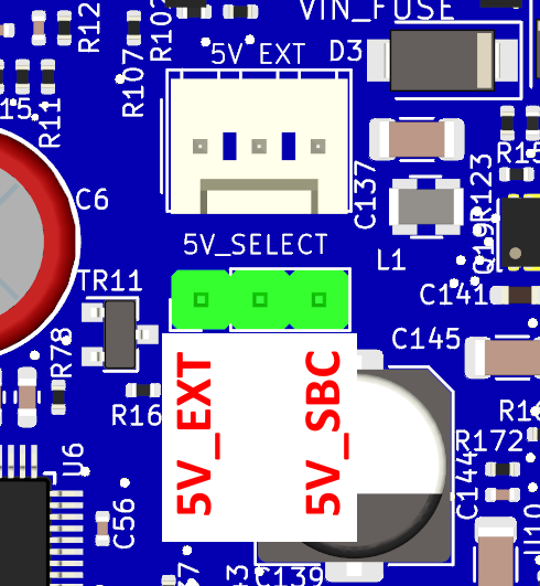 the 5V selection jumper of the Duet 3 Mainboard 6HC, showing the 5V_EXT pin and the 5V_SBC pin