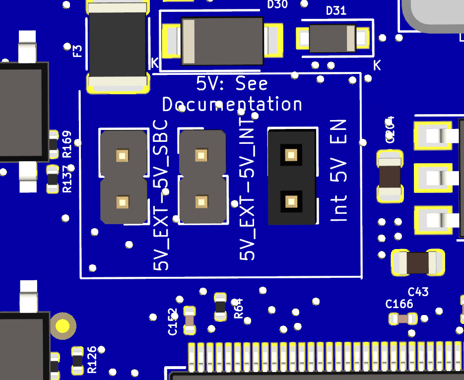 render of the area of the PCB showing the three 5V selection jumpers