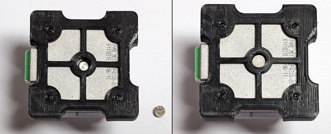 Image showing the before and after of the magnet placed in the alignment jig on the back of the Nema17 motor