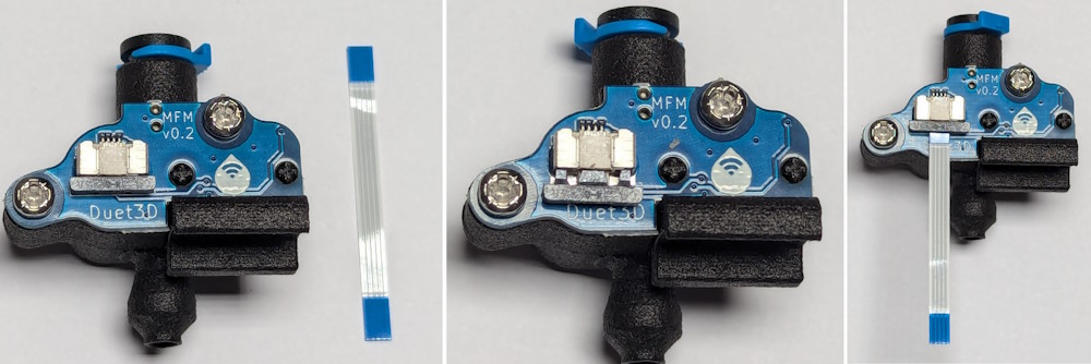 Three images showing the Duet3 Roto Filament monitor with the FFC connector open, and the FFC cable fitted