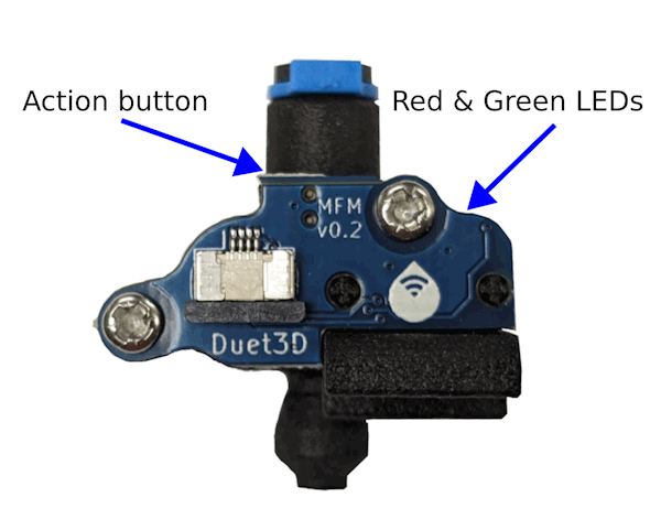 Annotated image of the Roto Filament Monitor showing the location of the action button and the LEDs