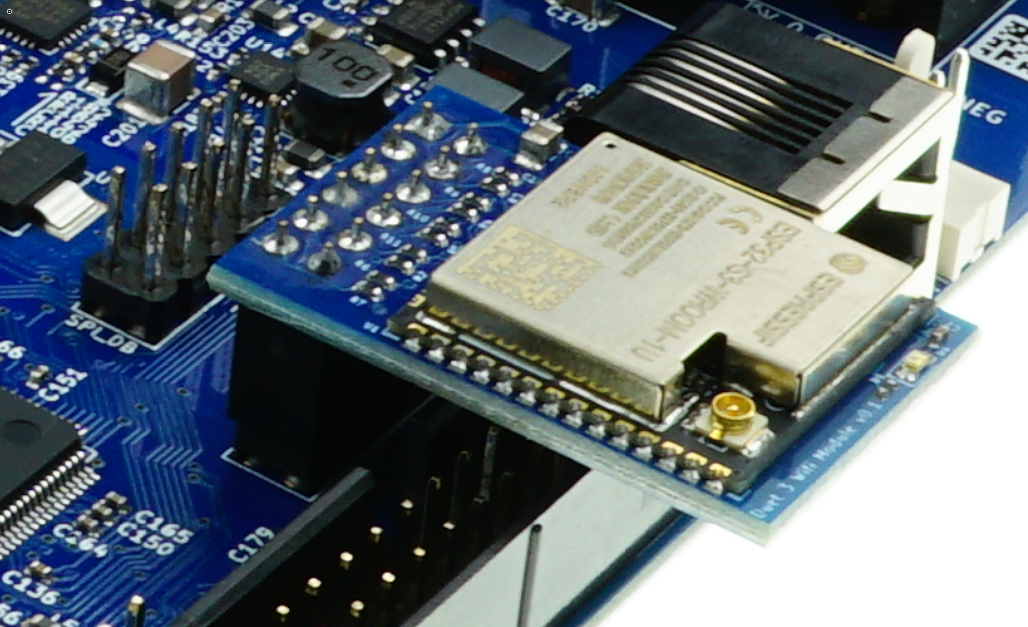 Duet 3 6HC mainboard v1.02 with a wifi module fitted to the ESP header - view from an angle